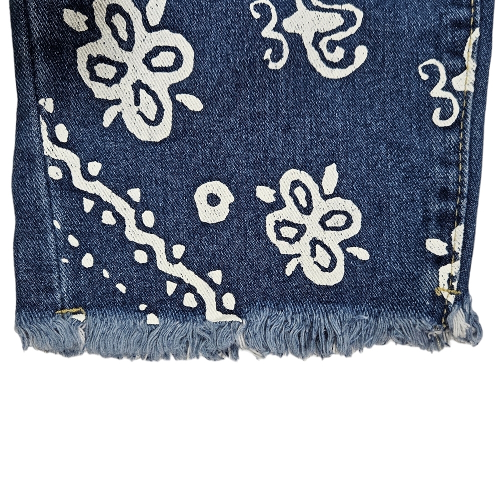 Paisley Print Patchwork Jeans Size Large Raw Hem Colorblock Denim Straight Leg - Picture 9 of 16